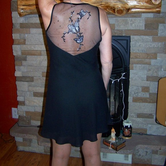 BESTY AND ADAM SEXY BLACK MINI DRESS w SHEER BLUE BUTTERFLY BACK - Picture 10 of 13
